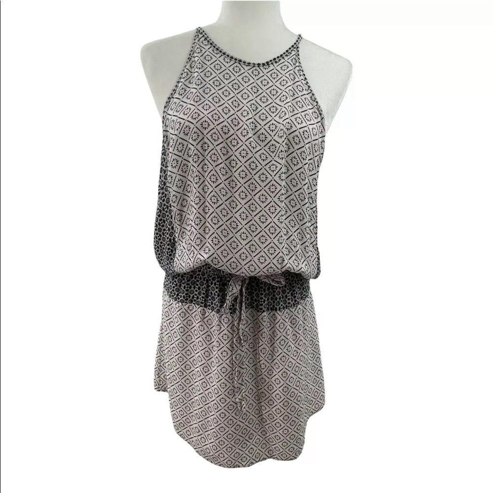 YFB High Neck Mini Dress Sleeveless Elastic Waist Floral Black White Blue Small